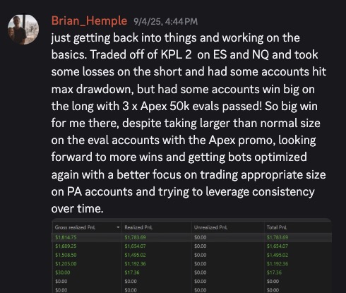 Member message: passed 3 Apex 50k evals trading KPL 2 on ES and NQ